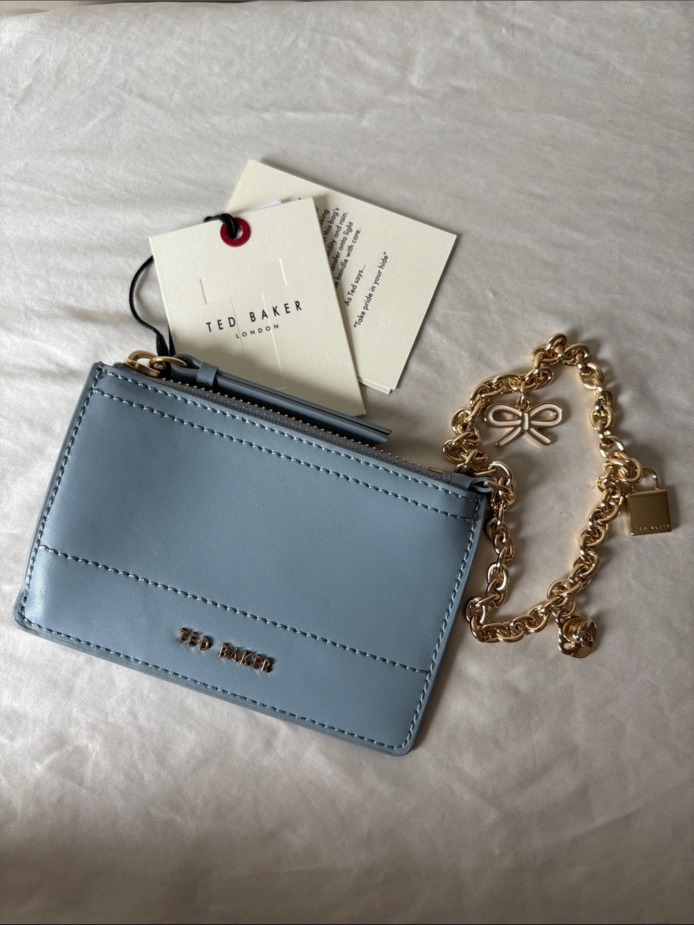 NWT Ted Baker Light Blue Leather Card Case with Gold Charm Chain